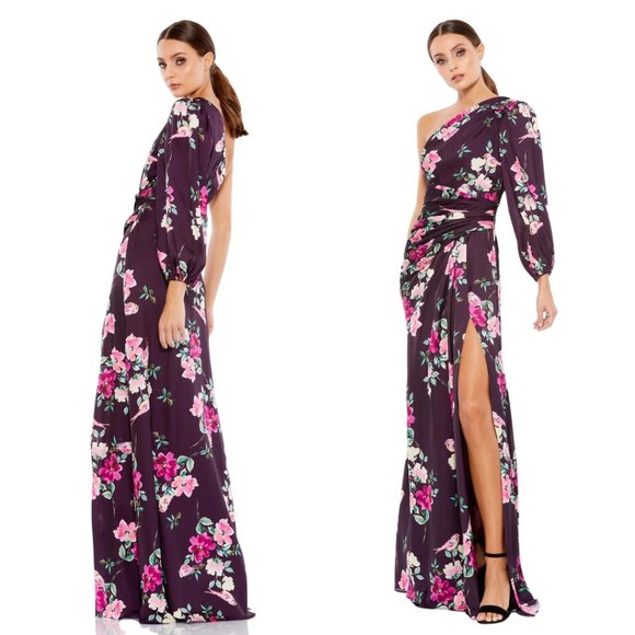 MAC DUGGAL | PLUM FLORAL PRINT ONE SLEEVE GOWN - Picture 2 of 3